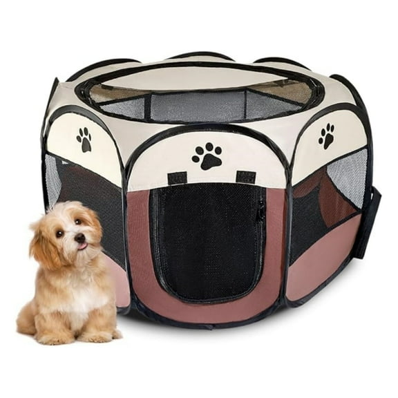 Portable Pet Playpen, 29" Foldable & Portable – 8-Sided Pop-Up Cat/Dog Pen for Indoor Outdoor Travel, Blue & Brown (Coffee color)
