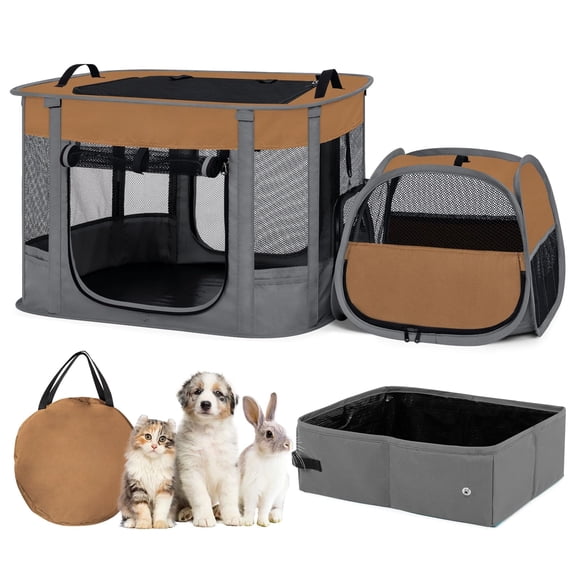 Portable Pet Playpen with Litter Box, Foldable Enclosure for Cat Recovery, Camping and Indoor/Outdoor Use, Collapsible Tent Kennel for Cats, Rabbits and Puppies (Brown)