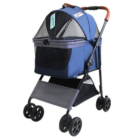 Portable Pet Stroller Cat Trolley, Dog Travel Cart Pram Shockproof Pet Detachable Strolling Cart, Puppy Pushchair Four-wheeled, One Click Quick Folding - Blue