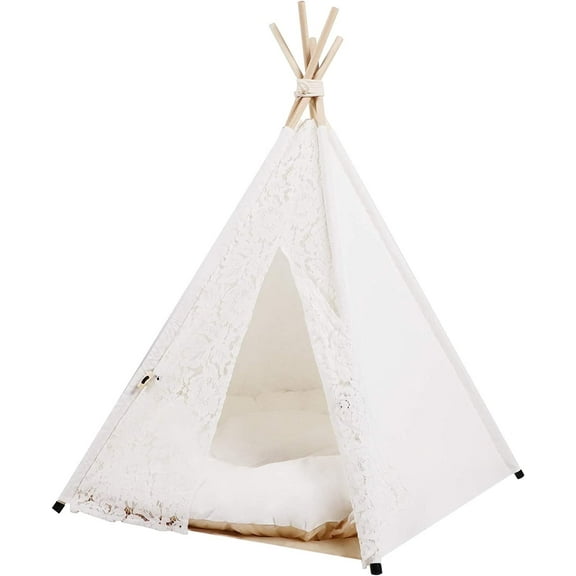 Portable Pet Teepee Tent for Medium and Large Pet,Foldable Dog and Cat House with Luxury Cushion Washable ，Indoor/Outdoor Use, Lace Style