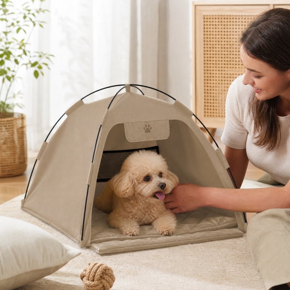 Portable Pet Tent for Cats and Small Dogs, Water-Resistant, with Cushion, Beige, 15.75x15.75x15.75in