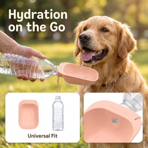 Portable Pet Water Bottle with Bowl, 5.1 x 3.7 Inch, Travel Dispenser for Dogs and Cats, Outdoor Walking Drinking Bottle(Pink)