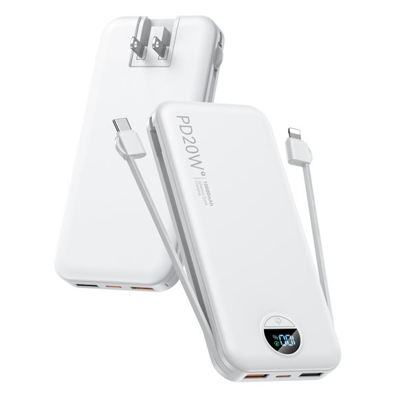 Portable Phone Charger, 10000mAh PD20W Fast Charging Power Bank with Built-in Cables & Wall Plug, External Battery Bank with LED Display, Travel Essential Battery Pack for iPhone, iPad, Samsung White