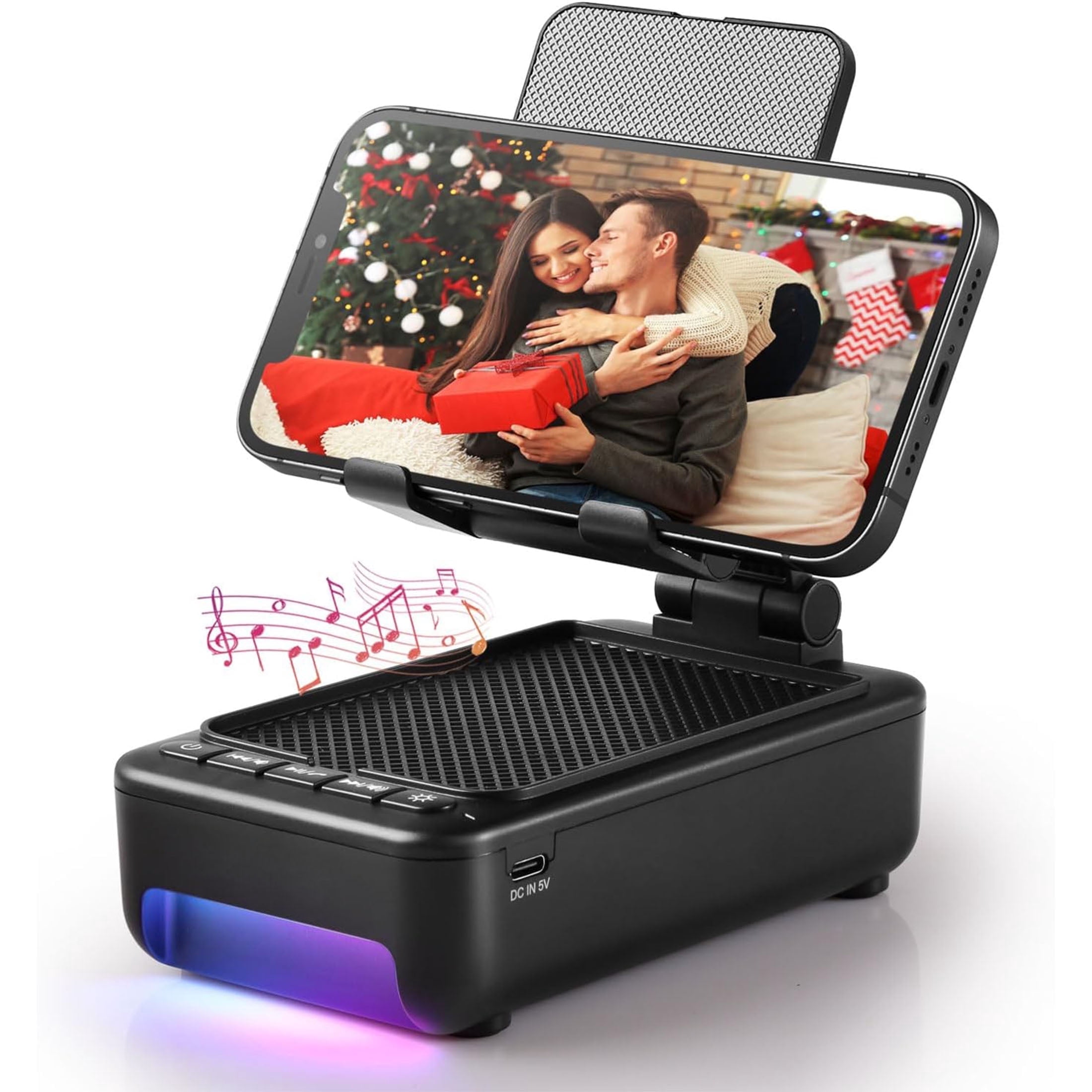 Portable Phone Stand with Speaker Bluetooth, Foldable Cellphone Stand with Led Color Changing Light, Angle Adjustable Cell Phone Holder with HD Stereo Sound Fits Phones,Tablet (Black)