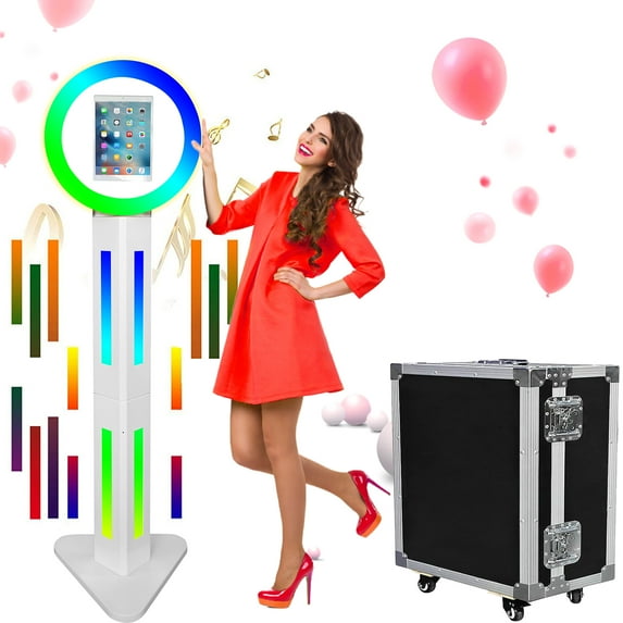 Portable Photo Booth Shell Stand for iPad 10.2" 10.9" 11" 12.9" APP Control RGB Ring Light Music Sync Box Metal Selfie Detachable Photobooth Machine with Flight Case for Events Rental (White)