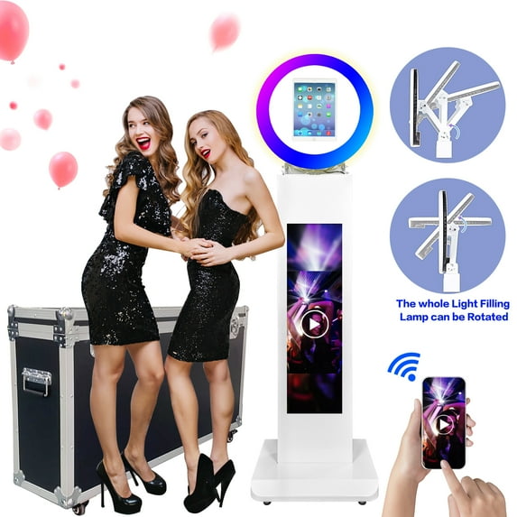 Portable Photo Booth with Software for iPad 10.2" 10.9" 11" 12.9" Photobooth Stand Shell Selfie Machine with APP Control LCD Screen and RGB LED Ring Light and Flight Case for Events Christmas Wedding