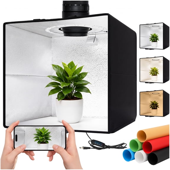 DQQKMM Portable Photo Studio Light Box, 40x40CM Photo Light Box with Ring Colour Change Light, Professional Dimmable Phto Tent Kit with 120 LEDs(CRI>90)& 6 Color Backgrounds