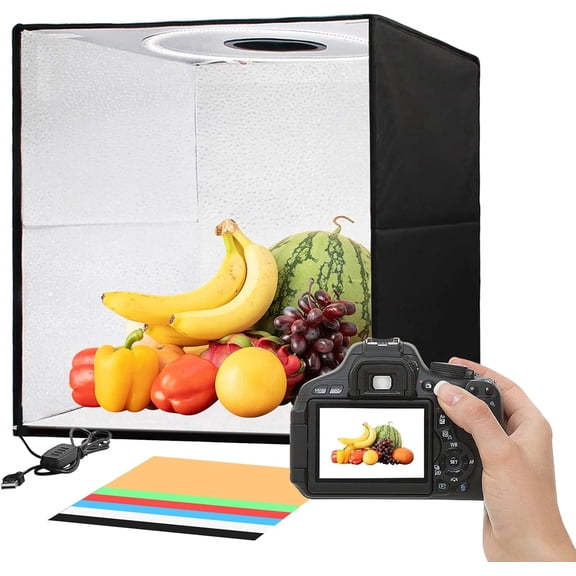 DQQKMM Portable Photo Studio Light Box, 40x40CM Photo Light Box with Ring Colour Change Light, Professional Dimmable Phto Tent Kit with 120 LEDs& 6 Kinds Double-Sided Color Backgrounds