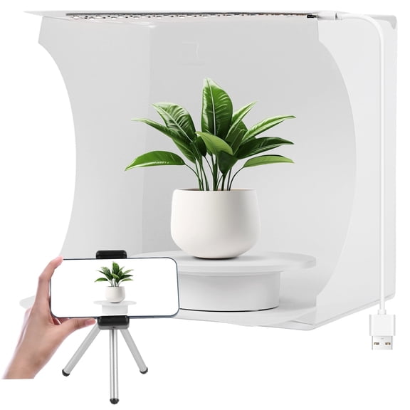 Portable Photo Studio Light Box Kit with Electric Turntable - 9.1 Inch Foldable Lighting Box, 6 Backgrounds & Phone Holder for Product Photography