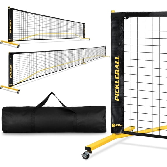 Portable Pickleball Net Set with Wheels, Regulation Size 22 FT & Half Court 11 FT, Steady Metal Frame Pickle Ball Net Set System with Carry Bag for Backyards, Driveways, and Garages
