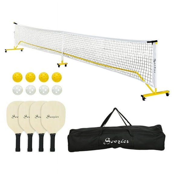 Portable Pickleball Set - 22FT Net with Wheels, 4 Paddles & 8 Balls, Includes Court Markers & Carry Bag