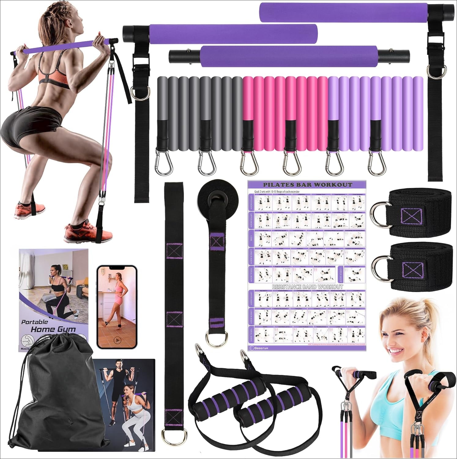 Portable Pilates Bar Kit with Resistance Bands for Men and Women - 3 ...