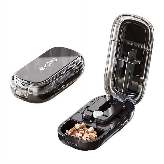 Portable Pill Cutter, 2025 Upgraded Pill Splitter for Large Small Tiny Pills, 2 in 1 Pills Cutter & Storage Organizer for Purse Pocket Home Travel (Black-4/1+2/1)