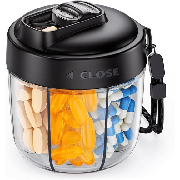 Portable Pill Dispenser for 7 Various Supplements, Pill Organizer Bottle Travel Essentials with Anti-Mixing Design, Arthritis-Friendly Pill Container with Wide Opening & Slider Lid, 20 Stickers