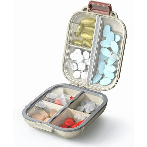 Portable Pill Organizer, Pill Box with 7 Compartments, Small Pill Case for Travel, Daily Medicine Pill Organizer with Air-Tight Lid, BPA-Free Material Small Pill Container (White Small)