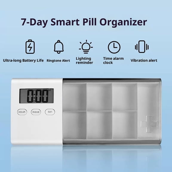 Portable Pill Organizer with Sound Flashing Light and Vibration Alarm, Weekly Pill Dispenser, Countdown Timer, Pill Box Large Capacity Medicine Organizer