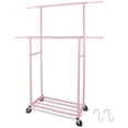 thumbnail image 1 of Portable Pink Double Rods Garment Rack with Rolling Clothes Organizer on Lockable Wheels Mobile for Gilr Women, 48" W x 15" D x 67" H, Metal Simple Hanging Clothes with 2 Hook, 1 of 8