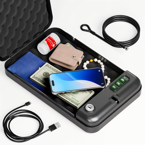 Portable Pistol Safe with USB-C, Electronic/Mechanical Dial & Key Lock, Silent Mode, Compact for Car Travel Office Dorm