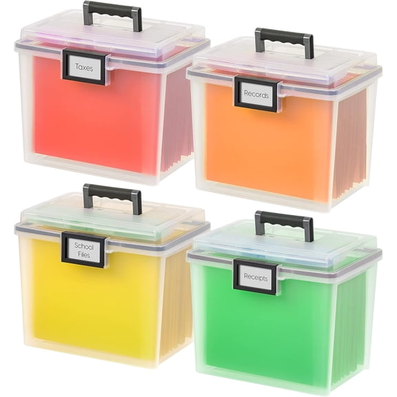 Portable Plastic File Organizer Box with Lid, Stackable and Lockable, Clear, 19 Qt, 4 Pack