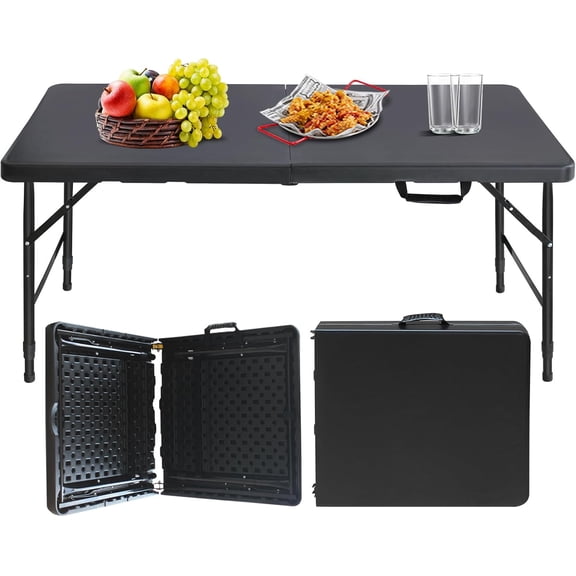 Portable Plastic Folding Table 4ft/6ft/8ft Heavy Duty White Black Picnic Dining Table Fold-in-Half for Camp Party Kitchen Indoor Outdoor
