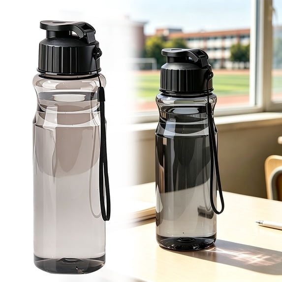 Portable Plastic Sports Water Bottle with Hand Strap Leak Proof Lid BK