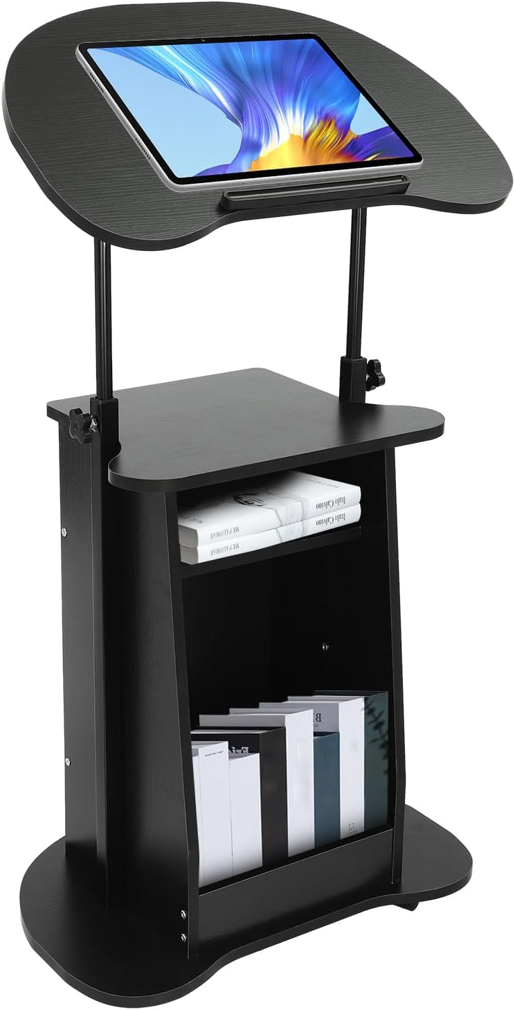 Portable Podium Stand, Mobile Height Adjustable Church Classroom Lecture Teacher Speaker Presentation Stand Concert Podium Standing Desk Laptop Holder (Black)