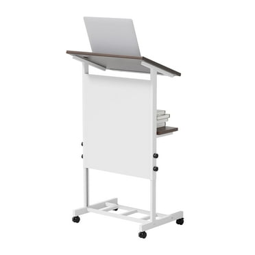 Portable Podium Stand with Wheels, Height Adjustable Lecture Podium With Shelf Cup Holder & Wire Hole, Mobile Pulpit For Churches, Meetings, Speeches, Classrooms, White