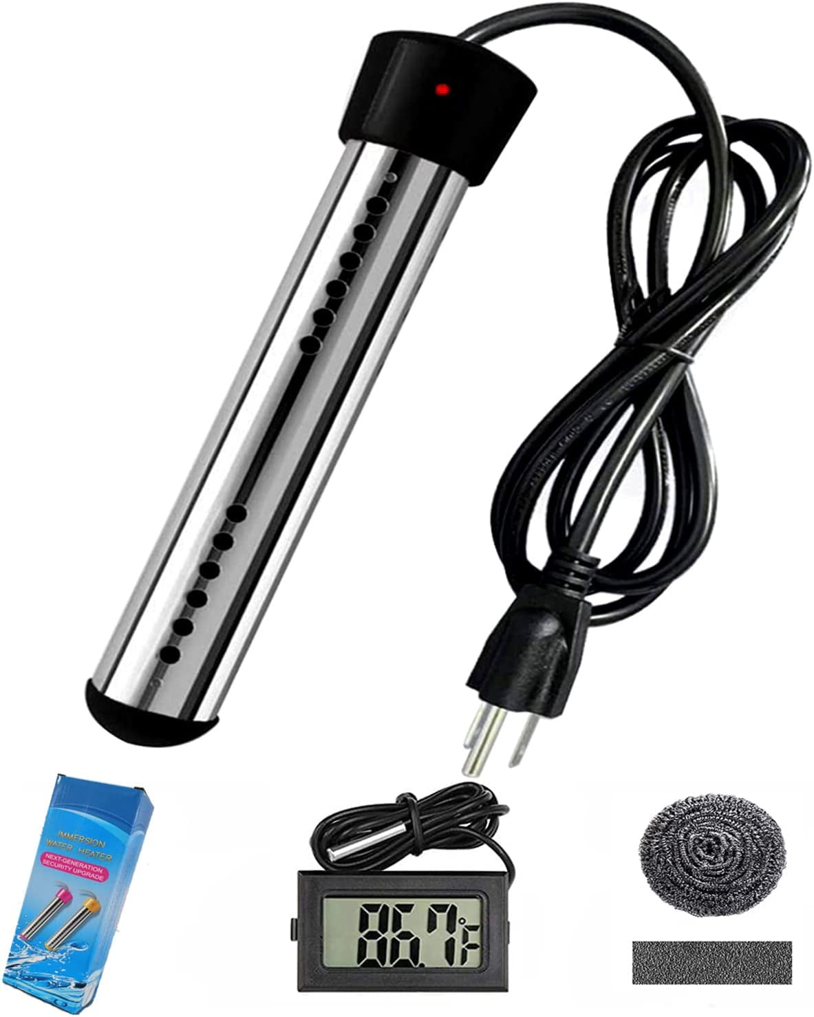 Portable Pool Immersion water Heater for Inflatable Pool Bathtub,Bucket Heater with 304 SS Guard,Electric Submersible Water Heater with LCD Thermometer,Heat 5 Gallon Water in Minutes In&Out