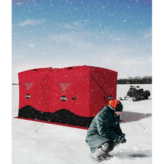 Portable Pop-Up Ice Fishing Shelter, 3-4 People Ice Fishing Shelter with Carry Bag, Two Doors, Windows and Vents, Ice Shanty for Winter Fishing