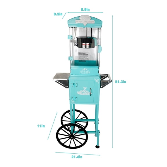 Portable Popcorn Machine with Cart and Wheels, 10 Oz Stainless Steel Kettle Popcorn Maker for Home Theater, Includes 3 Plastic Spoons and Reject Kernel Tray, Lightweight Cyan Popcorn Cart for Easy