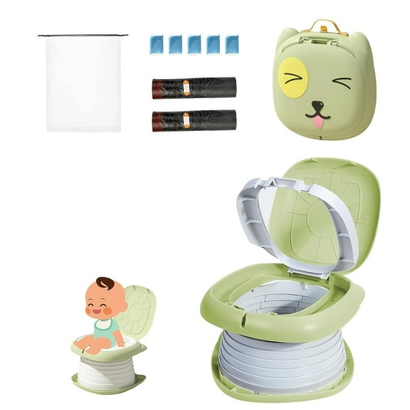 Portable Potty for Kids, Foldable Travel Toilet with 2-roll Storage Bags, Plastic, Green, for Car & Outdoor Use, Indoor Emergency Potty Seat