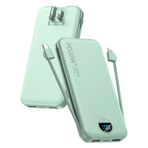 Portable Power Bank, 10000mAh PD20W Phone Charger with Built-in Cables and Wall Plug, USB C Fast Charging Battery Bank with Smart LED Display, External Battery Pack for iPhone, iPad, Samsung etc Gree