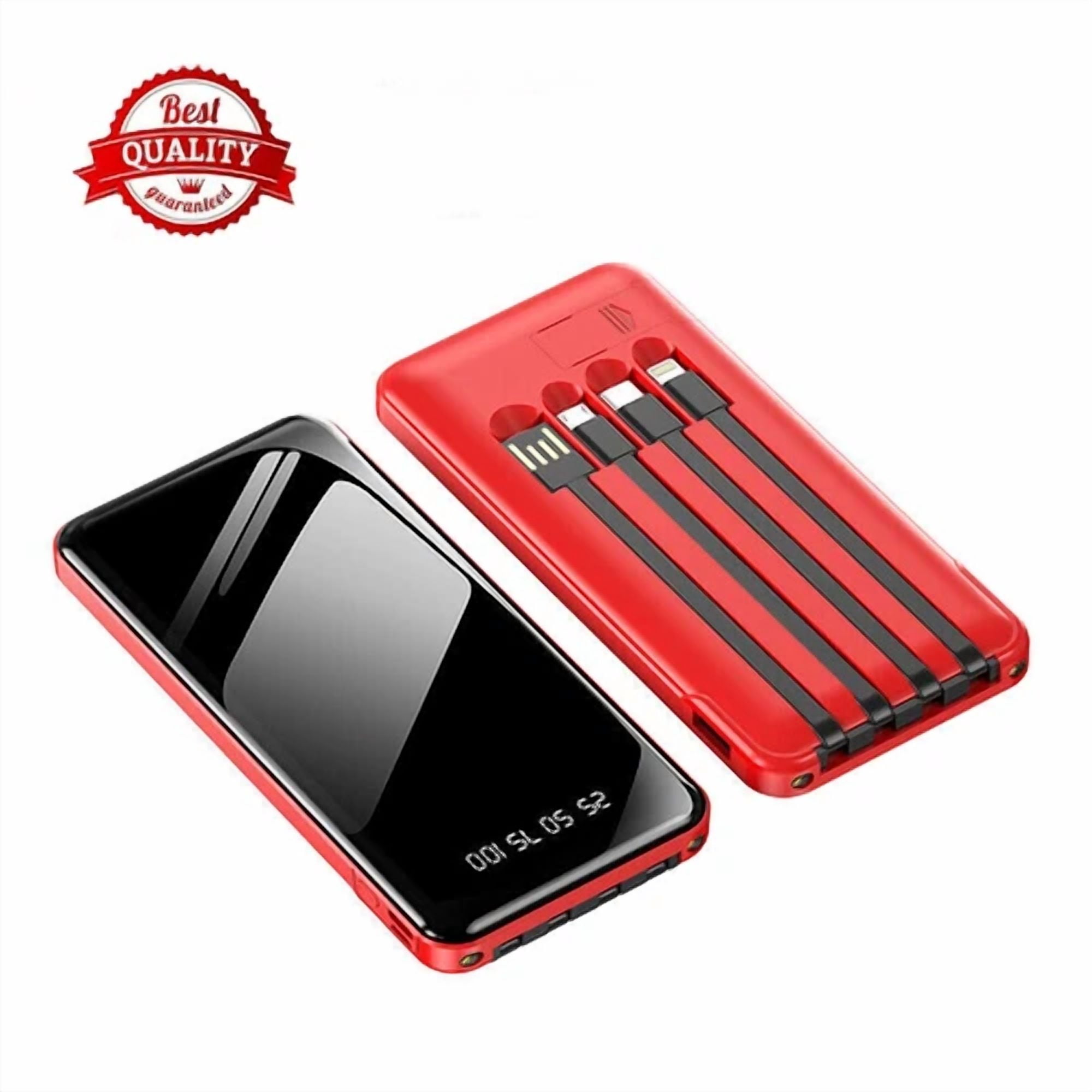Portable Power Bank 20000Mah Fast Charging Battery With 4 Built In Cables Red