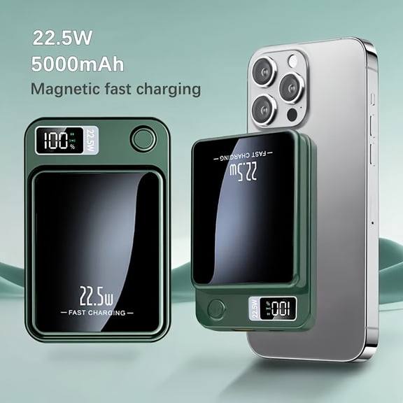 A Portable Power Bank with a Capacity of 10000Mah/5000Mah That Features Magnetic Wireless Charging, 22.5W Fast Charging Capabilities, an LED Battery Level Indicator, Dual Output