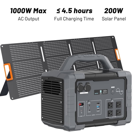 Portable Power Station 1000W, 1024Wh Solar Generator with 200W Solar Panel, Backup Lithium Battery Pack for Outdoor Camping, Travel, Hunting, RV & Emergency Blackout