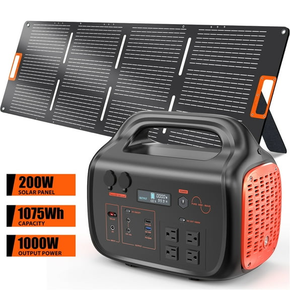 Portable Power Station 1000W - Foldable 200W Solar Panel Included, 1024Wh Solar Powered Generator 110V Pure Sine Wave with AC Outlet, Solar Power Bank for Home, Camping, Outdoor Use