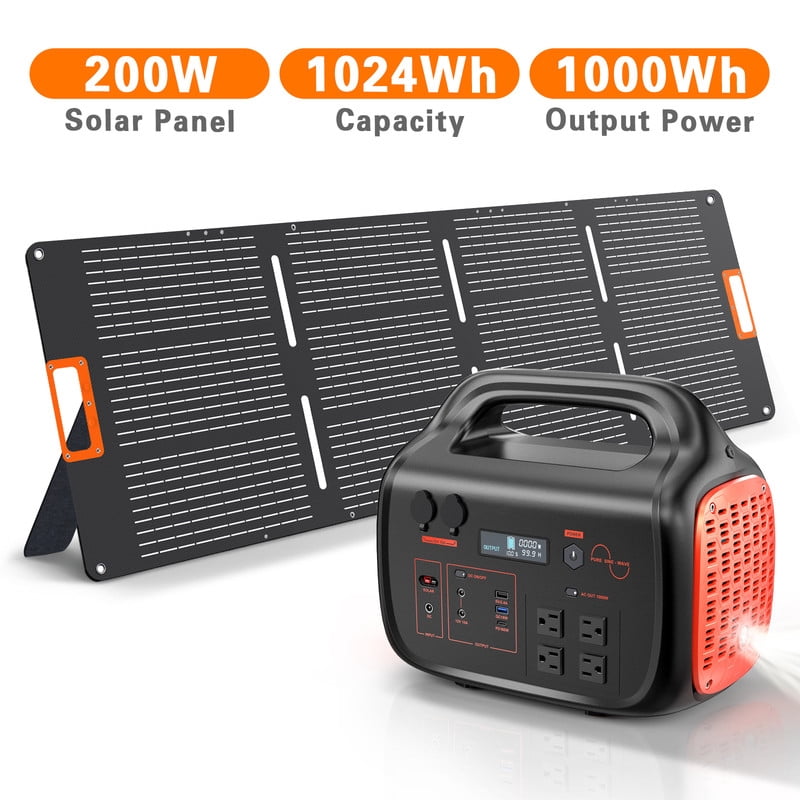 Portable Power Station 1000W - Solar Generator 1024Wh with 200W Solar Panel, USB-C Power Bank for Camping Outdoor Home Backup