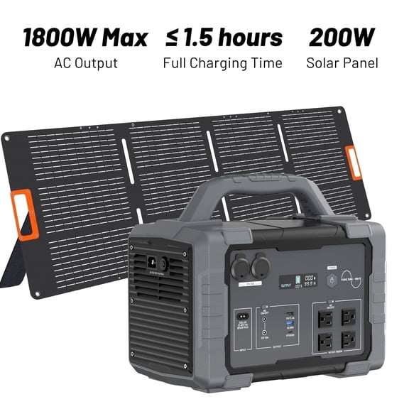 Portable Solar Generator 1800W, 1024Wh Power Station with 200W Solar Panel - Complete Solar Kit for Home Backup, Camping Power, Outdoor & Emergency