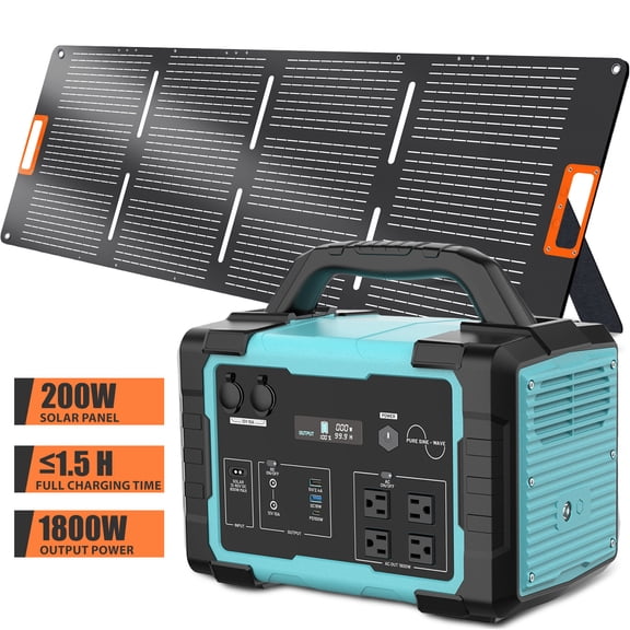 Portable Power Station 1800W - Foldable 200W Solar Panel Included, 1024Wh LiFePO4 Solar Powered Generator 120V AC Outlet, Emergency Backup Power Supply for Home, Camping, RV, Outdoor Use