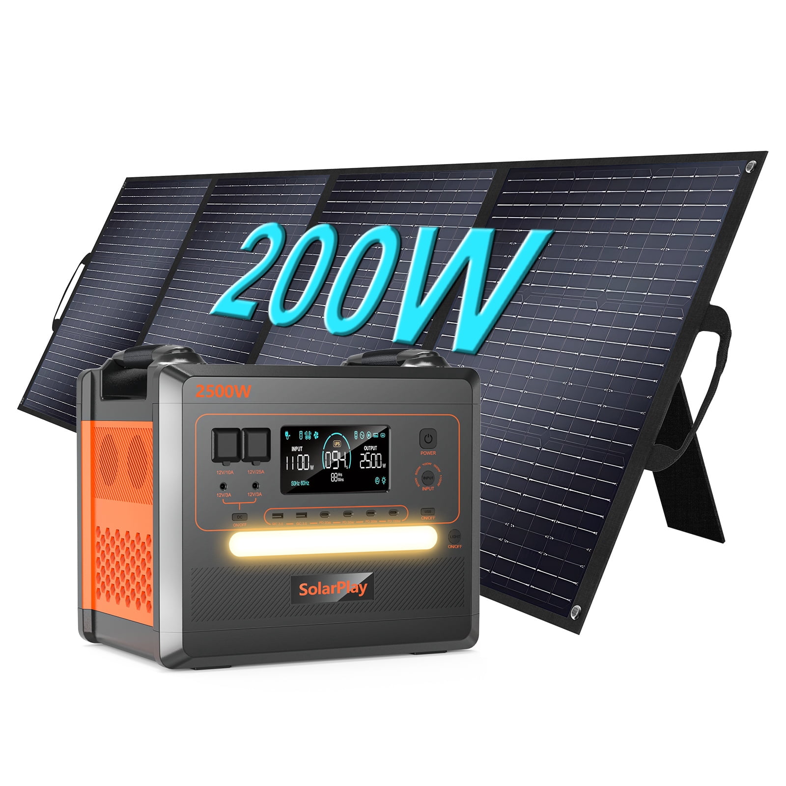 Walmart Deals Event! SolarPlay Q2402M 2500W LiFePO4 Portable Power Station, 2304Wh with 200W Solar Panels, 4 AC Outlets, Outdoor Emergency Power