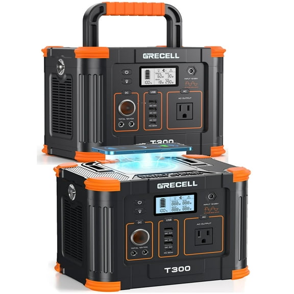 Portable Power Station 300W (Peak 600W), GRECELL Solar Generator with 60W USB-C PD Output, 110V Pure Sine Wave AC Outlet Backup for Outdoors Home Blackout, 2-Pack