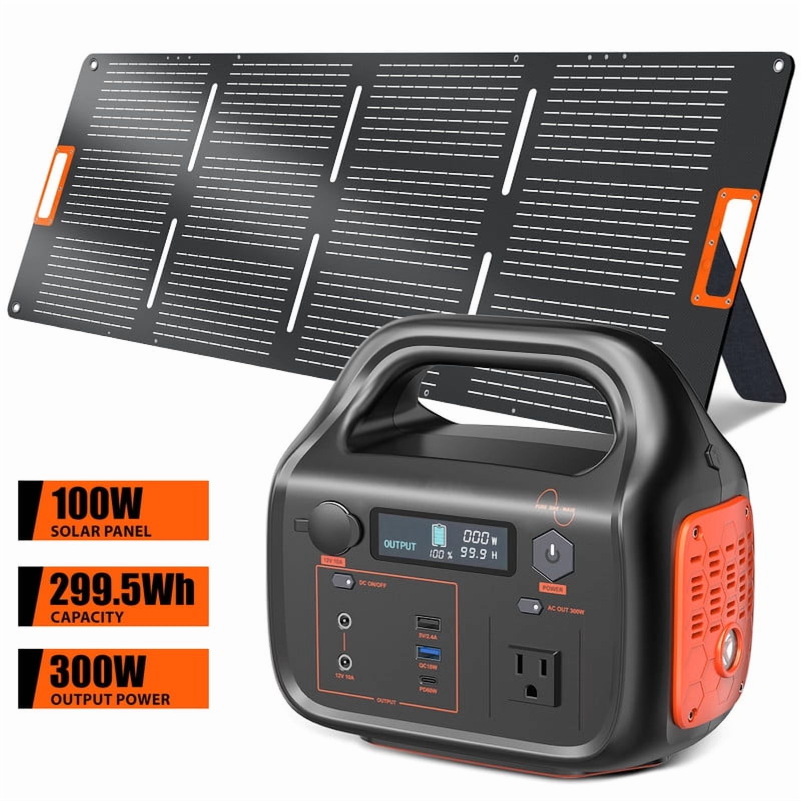 Portable Power Station 300W - Solar Generator 299Wh with 100W Solar Panel, USB-C Power Bank for Camping Outdoor Home Backup