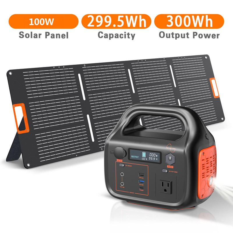 Portable Power Station 300W - Solar Generator 299Wh with 100W Solar Panel, USB-C Power Bank for Camping Outdoor Home Backup