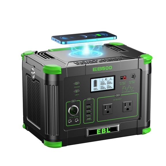 Portable Power Station 500W (Peak 1000W) 519Wh Solar Generator with 2 AC 110V Outlets, USB-C PD 60W Fast Charging, 10 Ports including Wireless Charger for Camping RV Emergency Off-Grid Living