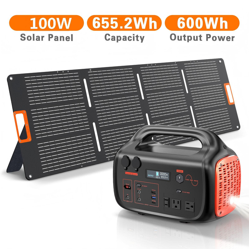 Portable Power Station 600W - Solar Generator 655Wh with 100W Solar Panel, USB-C Power Bank for Camping Outdoor Home Backup