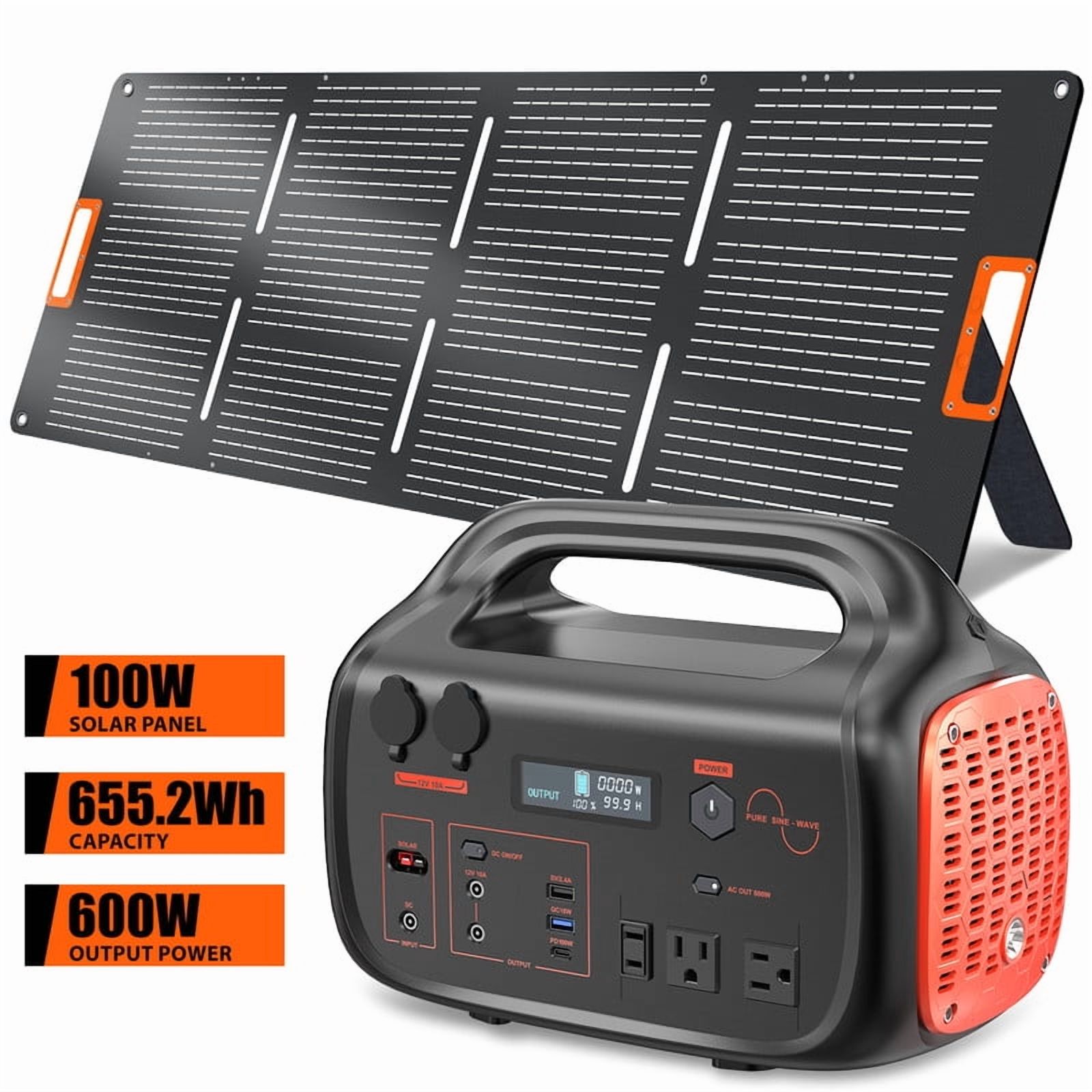 Portable Power Station 600W - Solar Generator 655Wh with 100W Solar Panel, USB-C Power Bank for Camping Outdoor Home Backup