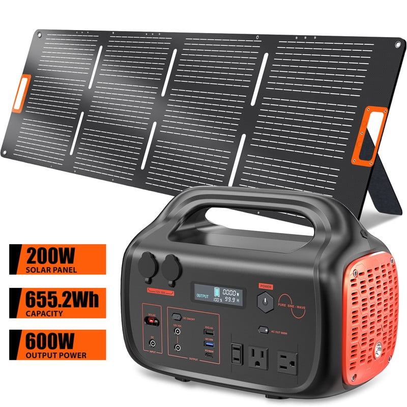 Portable Power Station 600W - Solar Generator 655Wh with 200W Solar Panel, USB-C Power Bank for Camping Outdoor Home Backup