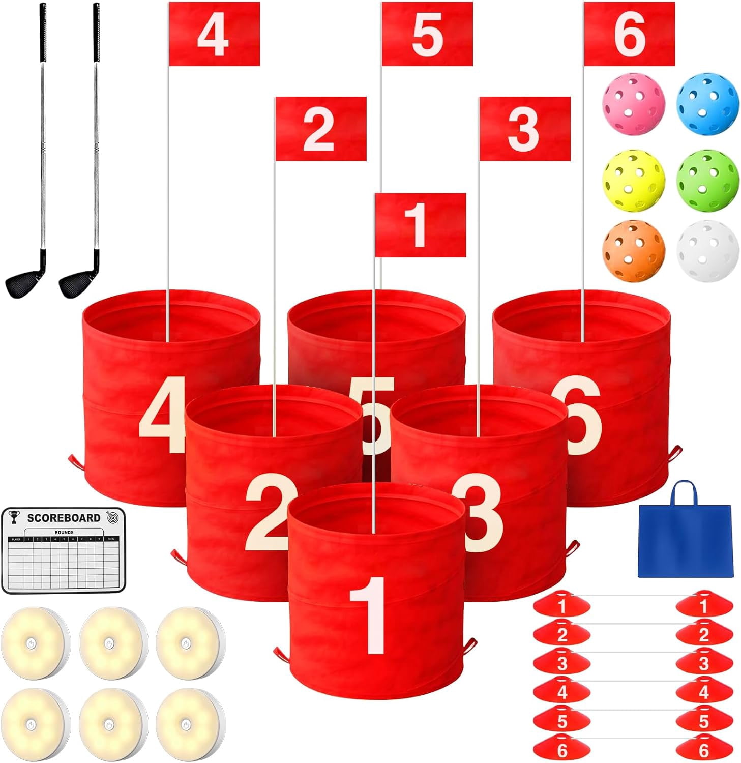 Portable Practice Outdoor Games 6 Hole Set with LED Lights and Clubs ...