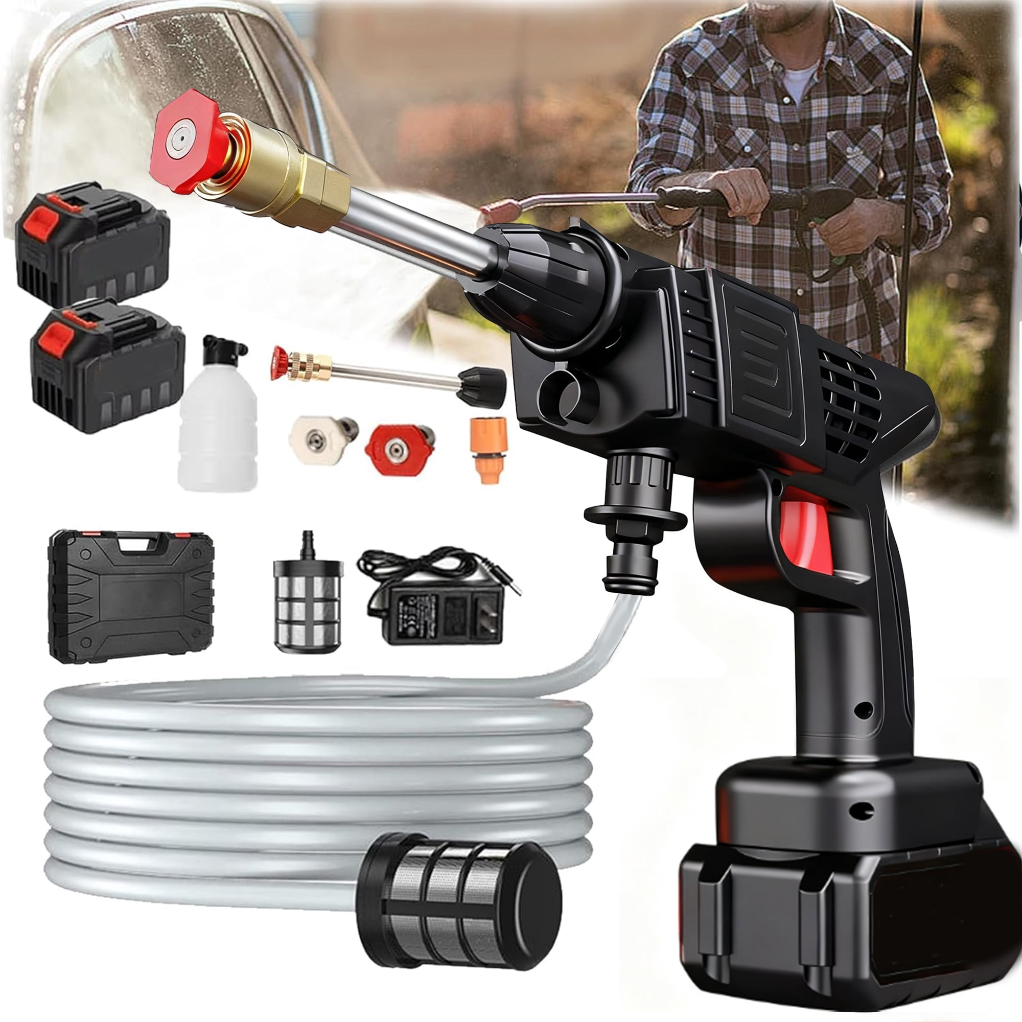 Portable Pressure Washer Hand Held, Power Washer with 16ft Detachable Hose for Car, Garden, 6-in-1 Nozzle 21V Portable Cordless Pressure Washer with Battery (5 Cells 2 Battery 1 Charger)
