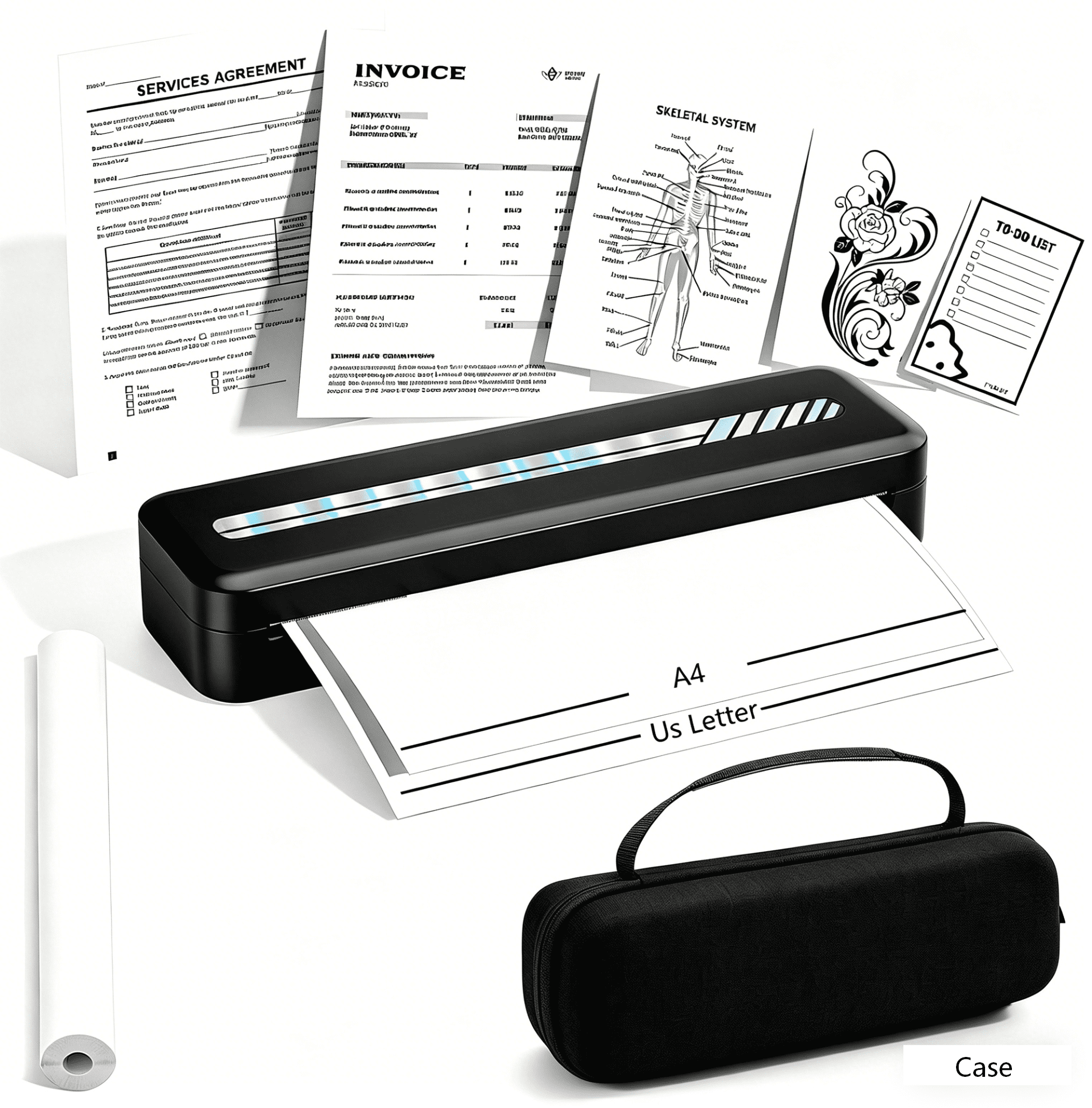 Portable Printer, A281 Inkless Printer, Bluetooth Wireless Printer, travel-friendly design. Compatible with 8.5 x 11 inches US letter and A4 thermal paper. Works with mobile phones and laptops.